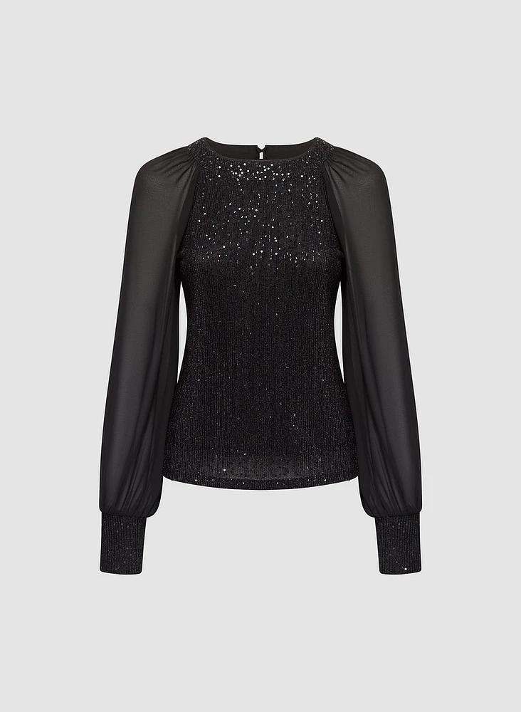 Sequin Embellished Chiffon Sleeve Top