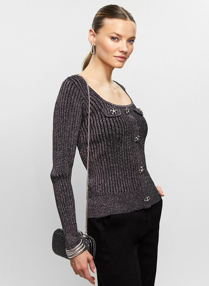 Jewel Button Metallic Sweater