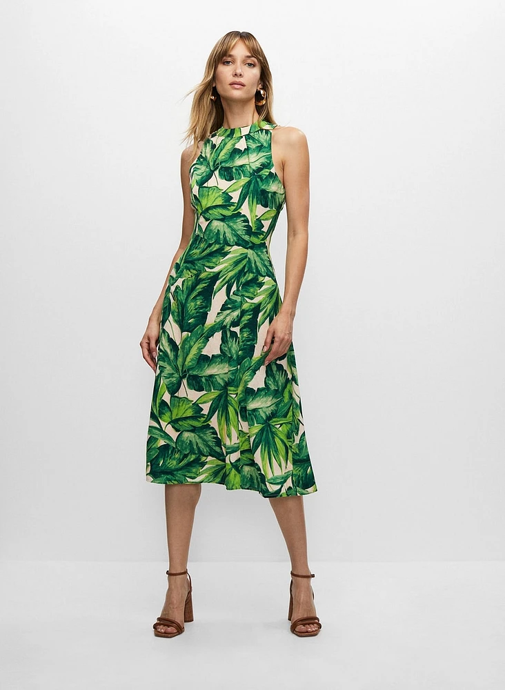 Leaf Print Halter Midi Dress