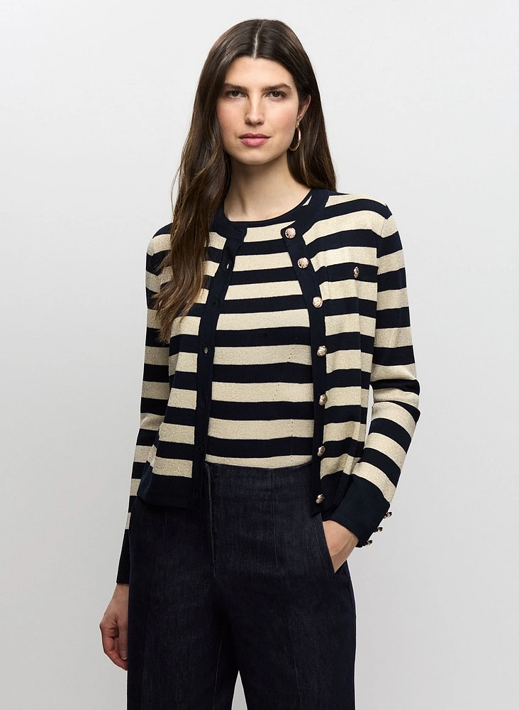 Crew Neck Stripe Cardigan