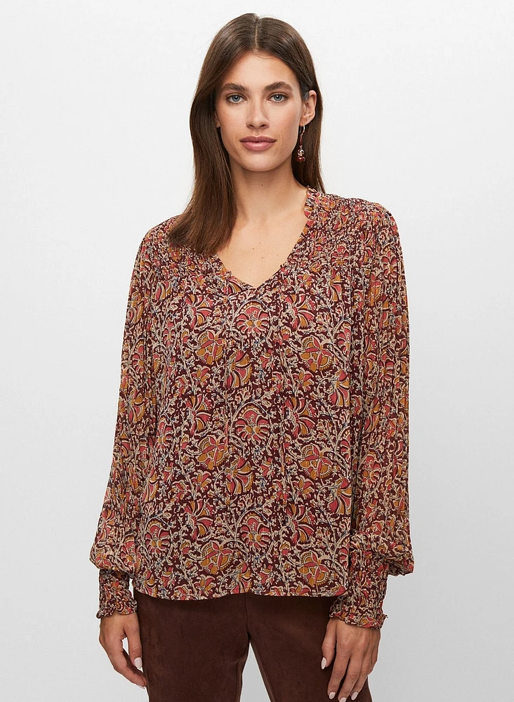 Floral Print Shirred Detail Blouse