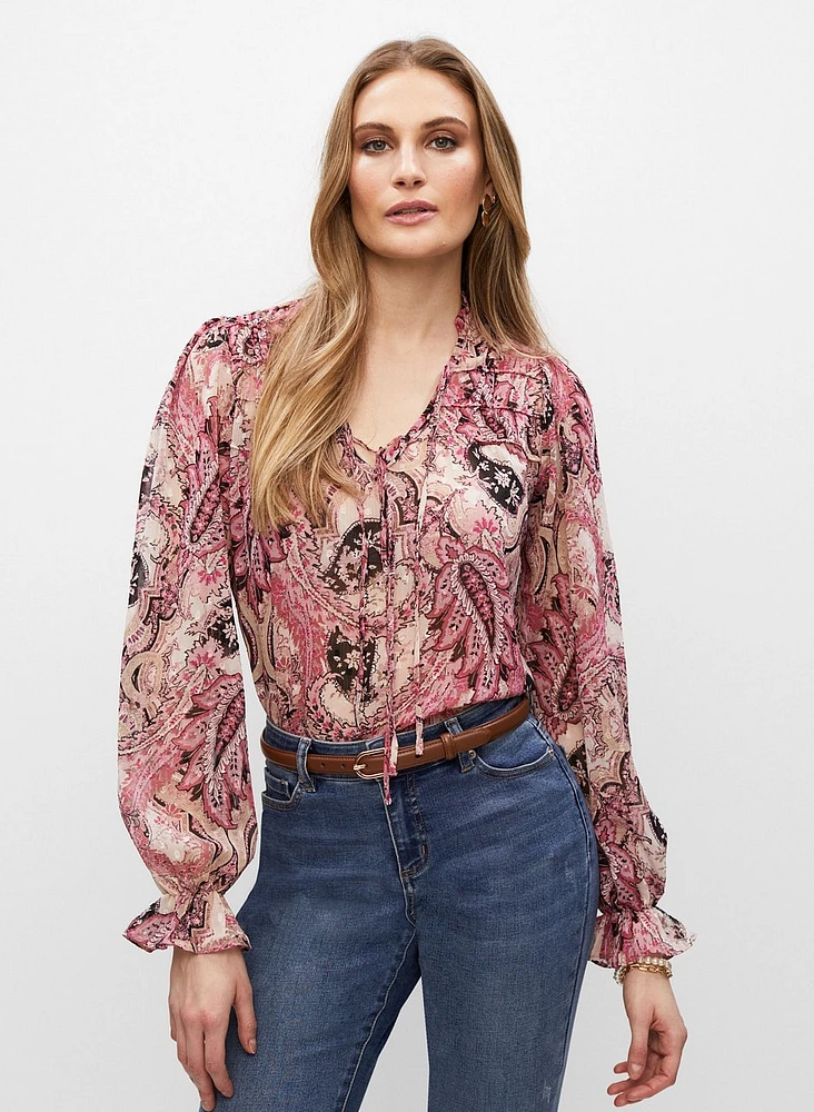 Paisley Print Ruffle Detail Chiffon Blouse