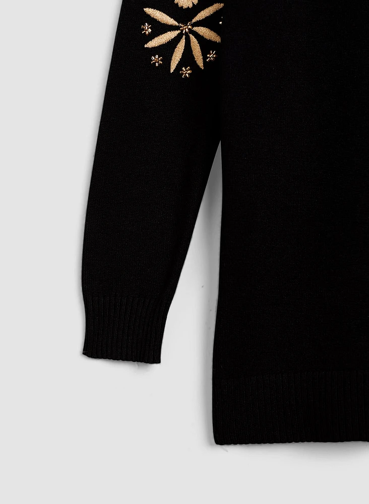 Embroidered Funnel Neck Tunic Sweater