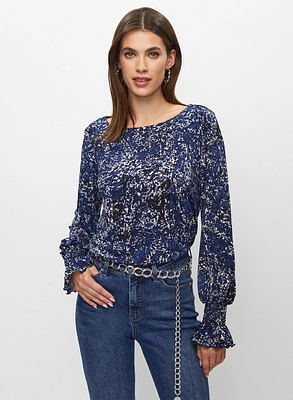 Smocked Abstract Print Top