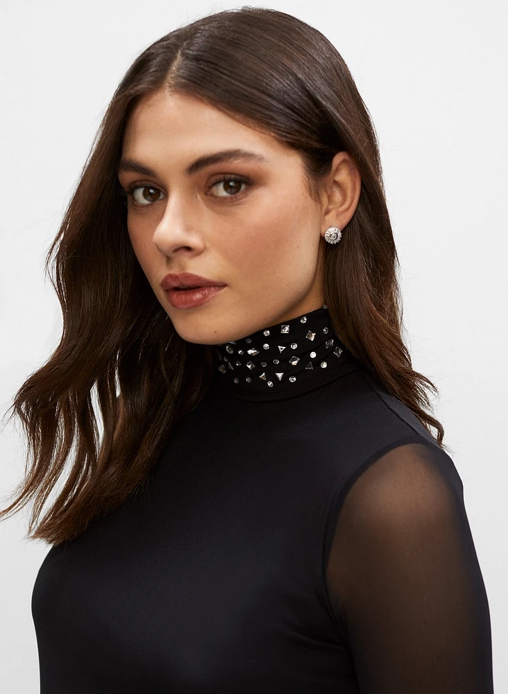 Crystal Detail Mesh Sleeve Top