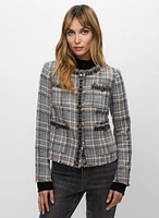 Veste courte à carreaux et détail denim
