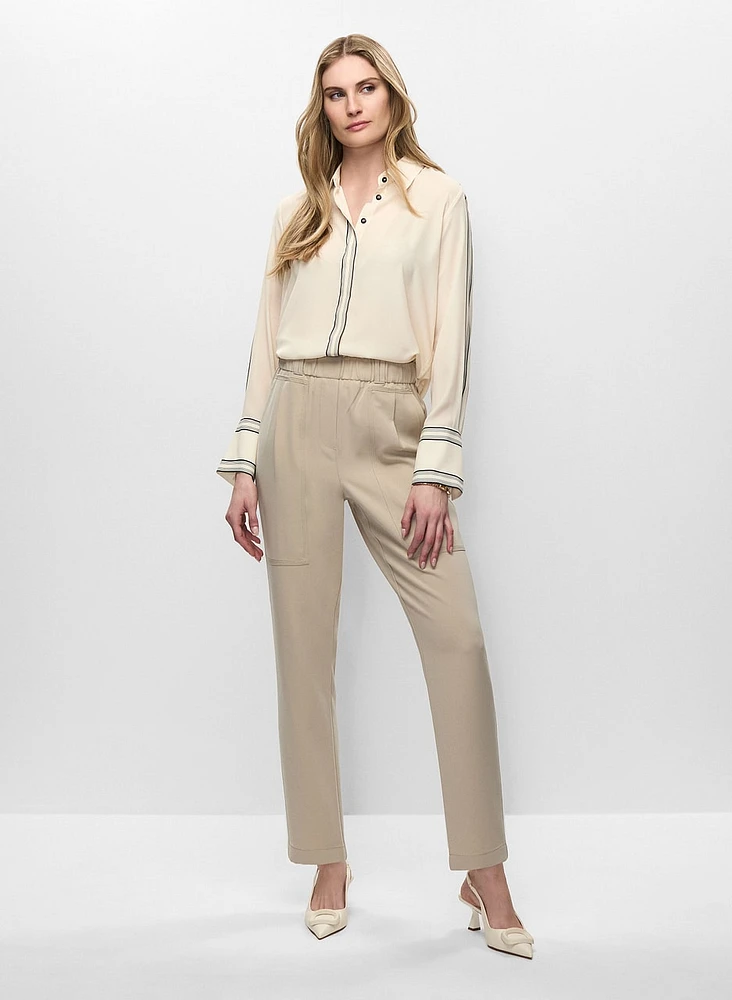 Contrast Trim Blouse & Ruffle Waist Pants