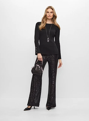 Pull à boutons décoratifs et pantalon en sequins