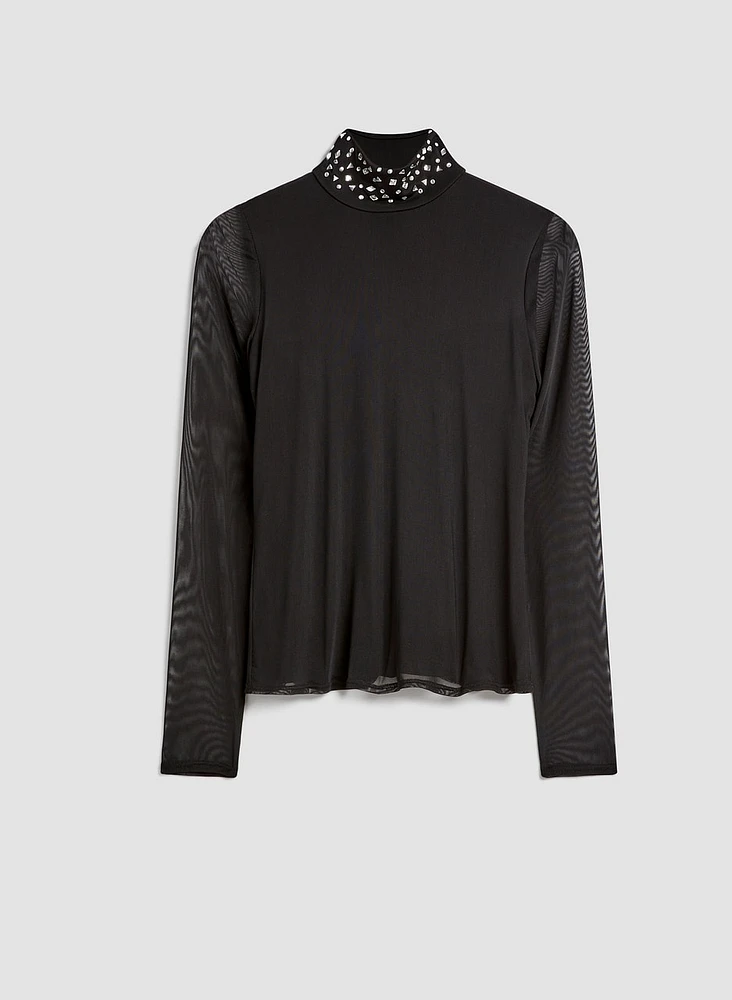 Crystal Detail Mesh Sleeve Top