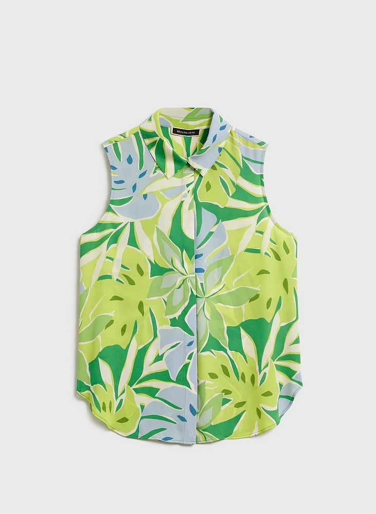 Palm Leaf Print Sleeveless Blouse