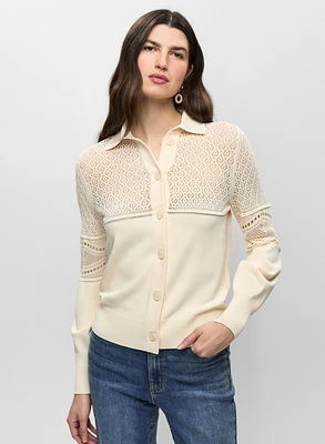 Pointelle Knit Polo Cardigan