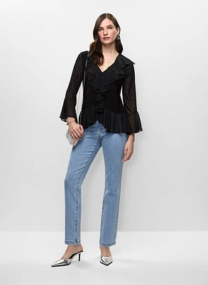 Ruffle Detail Top & Rhinestone Straight Leg jeans