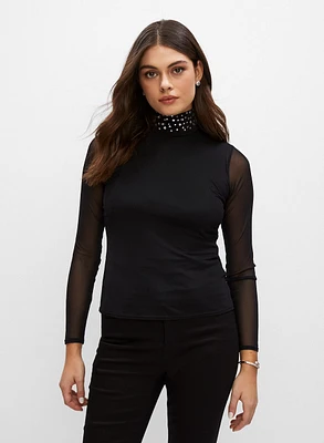 Crystal Detail Mesh Sleeve Top