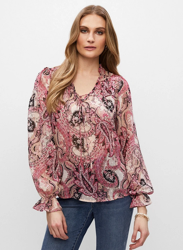 Paisley Print Ruffle Detail Chiffon Blouse