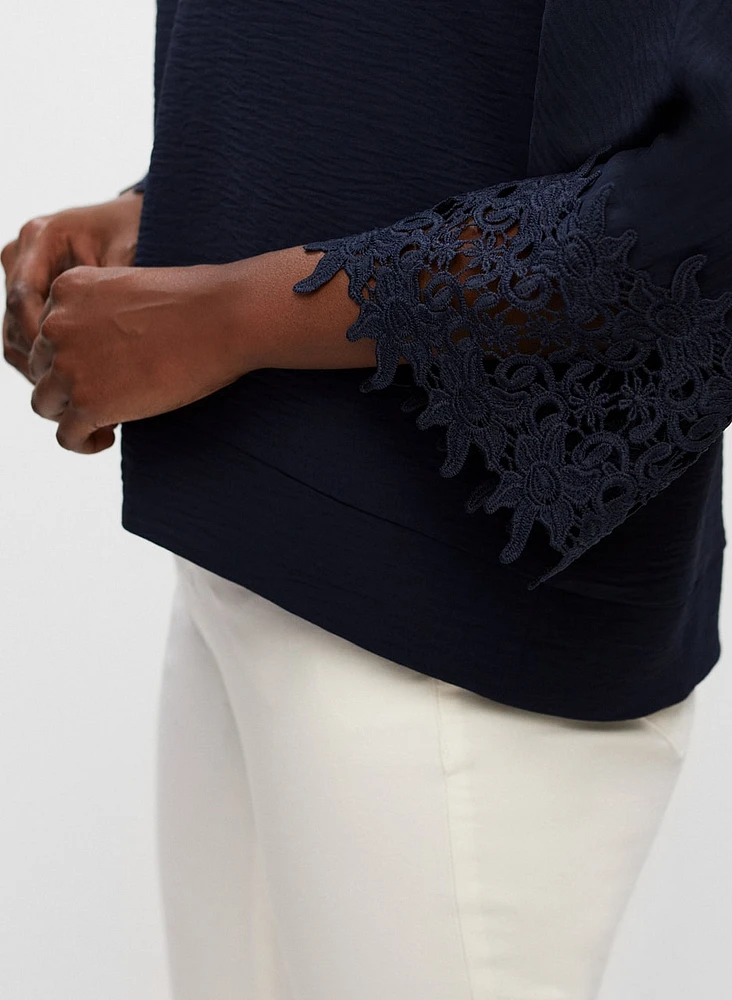 Lace Trim Wide Sleeve Blouse