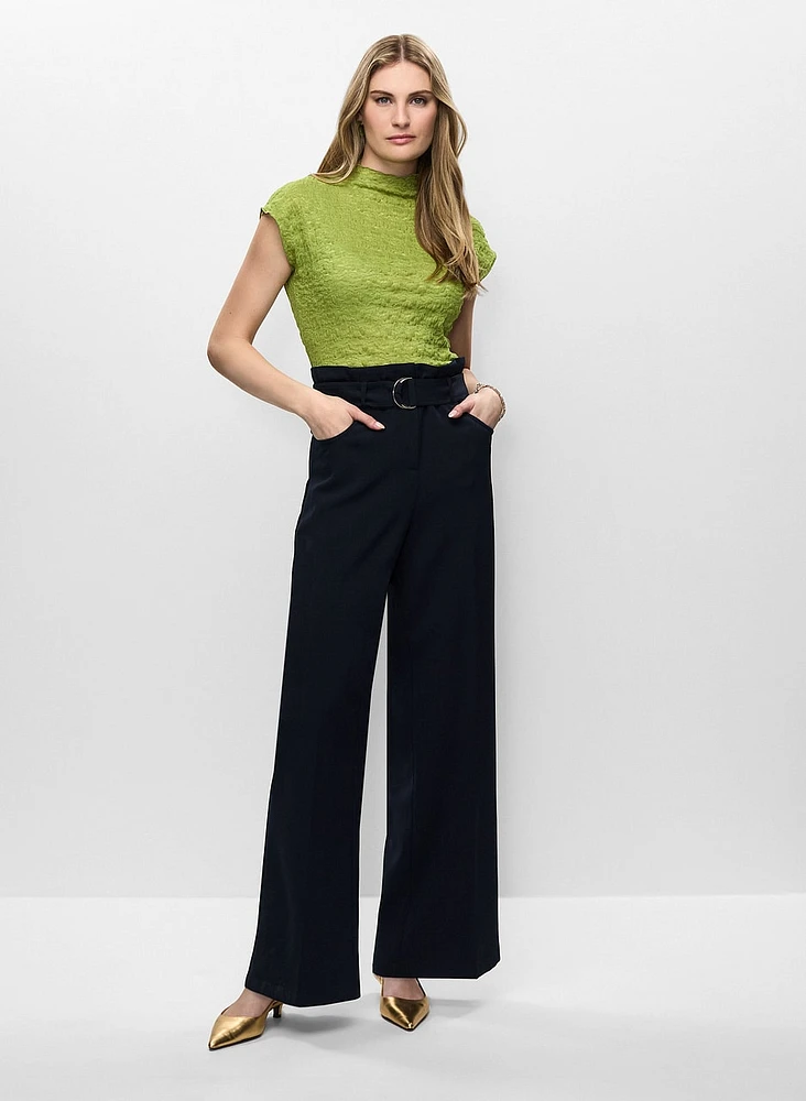 Funnel Neck Cap Sleeve Top & Belted Wide Leg Pants