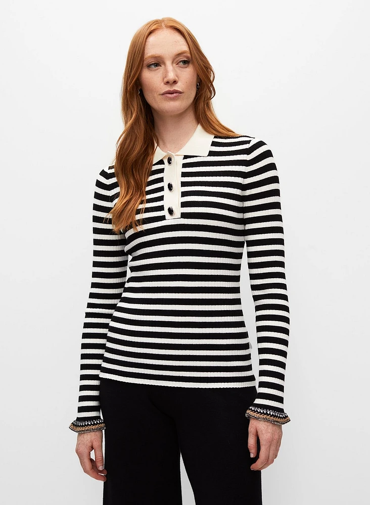 Striped Jewel Button Polo Sweater