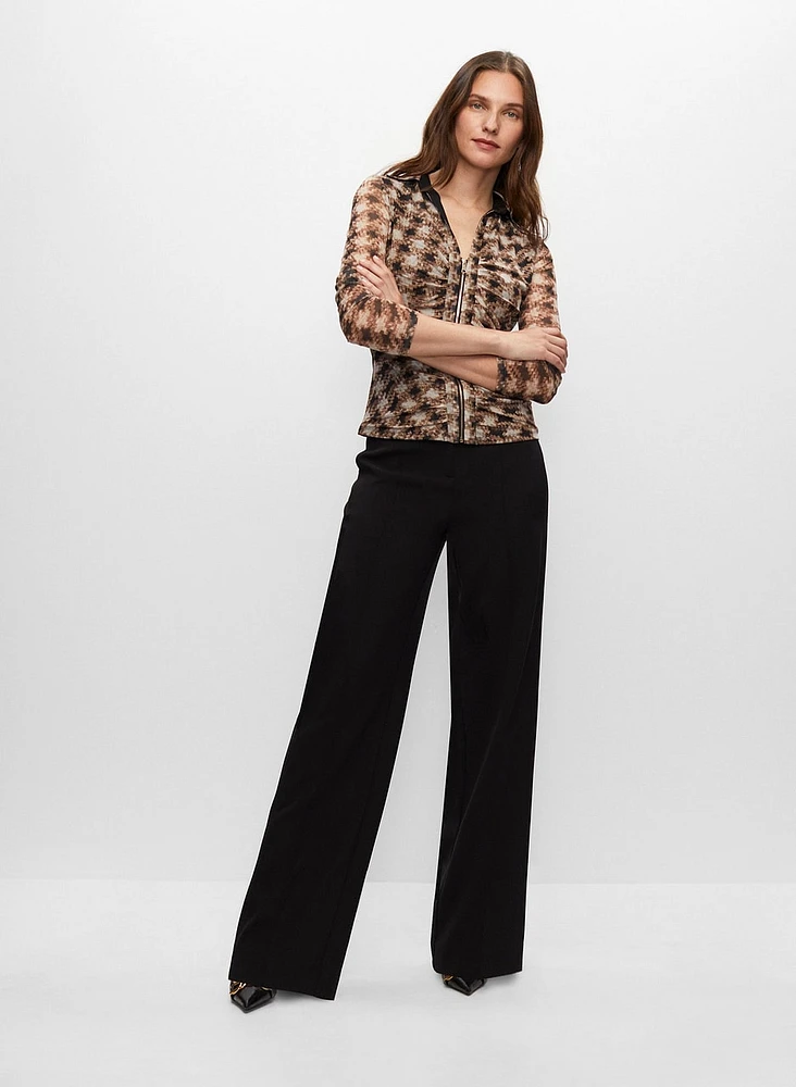 Houndstooth Print Zip Front Top