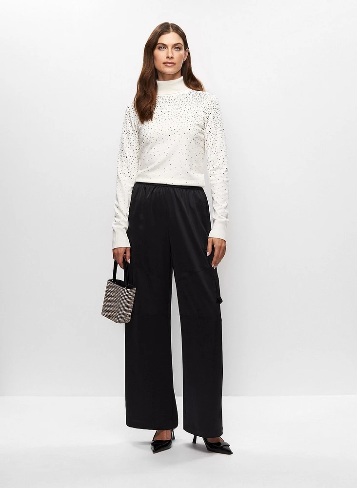 Rhinestone Detail Sweater & Satin Cargo Pants