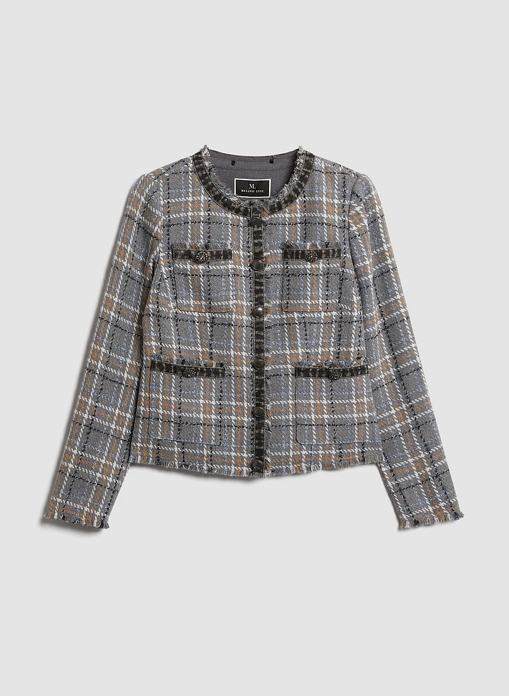 Veste courte à carreaux et détail denim
