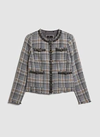 Veste courte à carreaux et détail denim