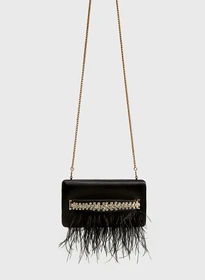Feather & Crystal Detail Satin Clutch