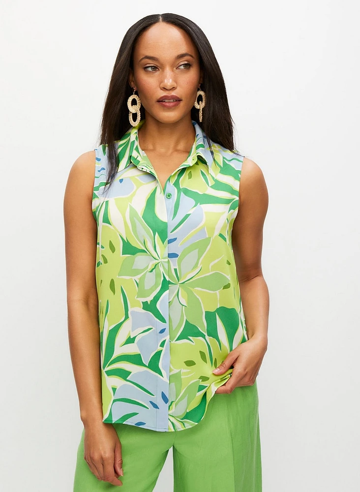 Palm Leaf Print Sleeveless Blouse