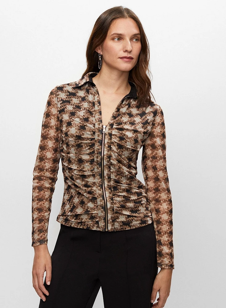 Houndstooth Print Zip Front Top