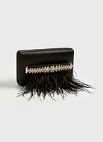 Feather & Crystal Detail Satin Clutch