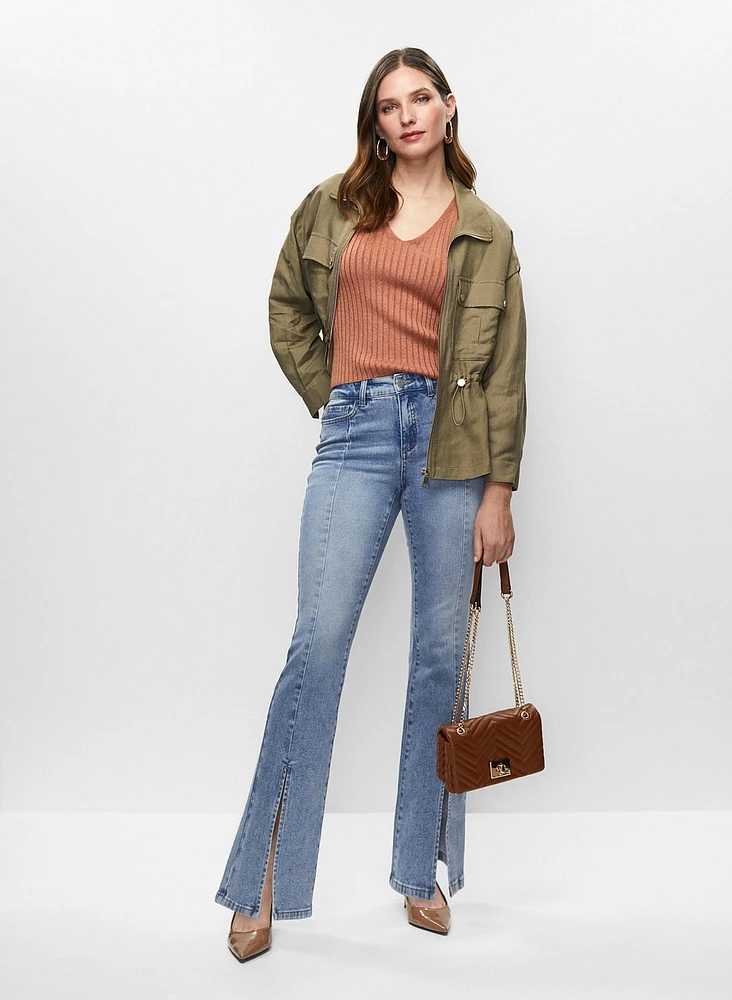 Linen Blend Jacket & Slit Hem Jeans