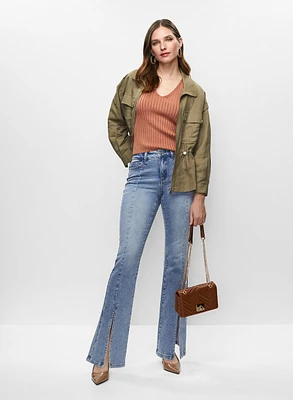 Linen Blend Jacket & Slit Hem Jeans