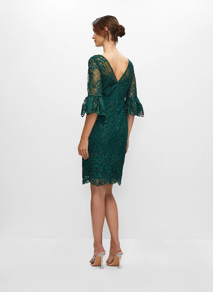 Adrianna Papell - Robe en dentelle brodée et manches à volants