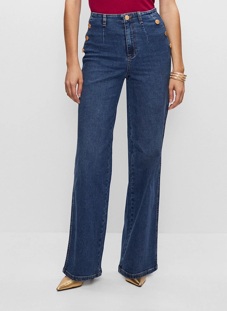 Button Detail Wide Leg Jeans