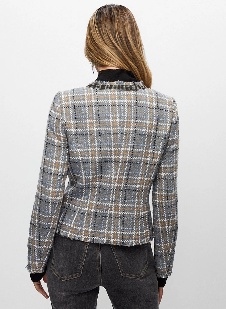 Veste courte à carreaux et détail denim