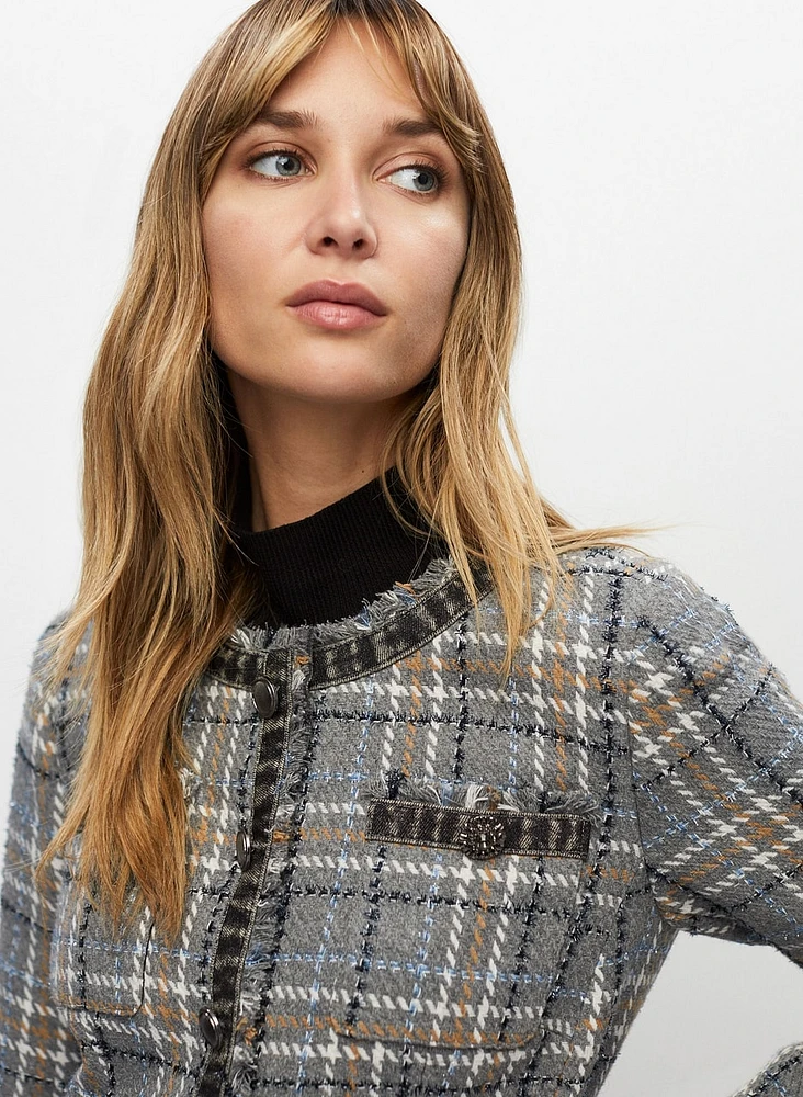 Veste courte à carreaux et détail denim