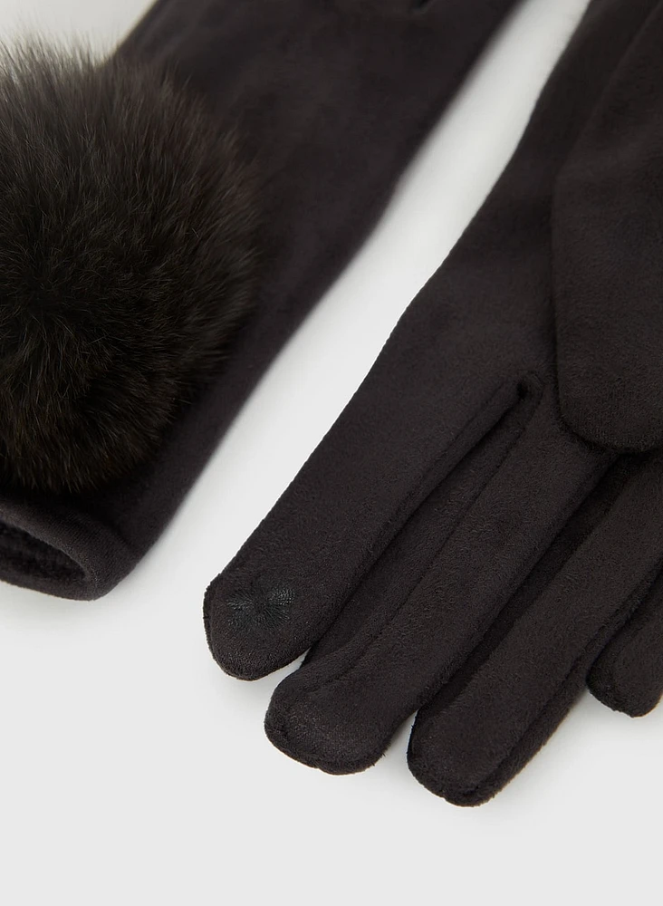 Faux Suede Pompom Gloves
