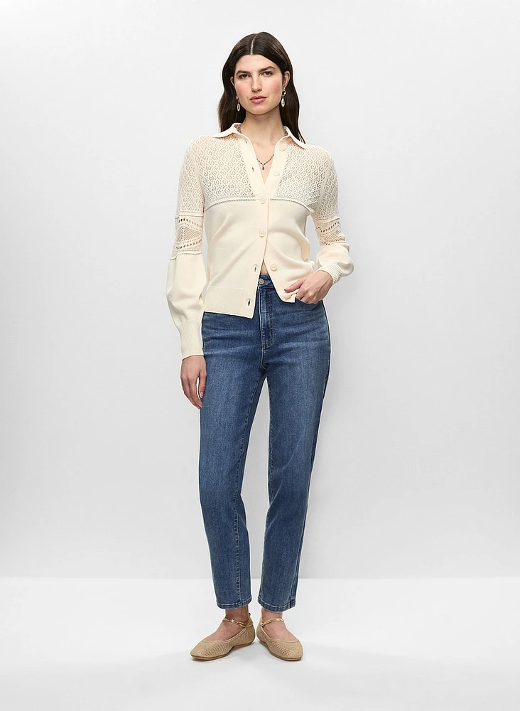 Pointelle Polo Cardigan & Straight Leg Jeans