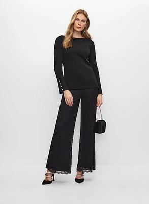Pull à boutons décoratifs et pantalon à ourlet en dentelle