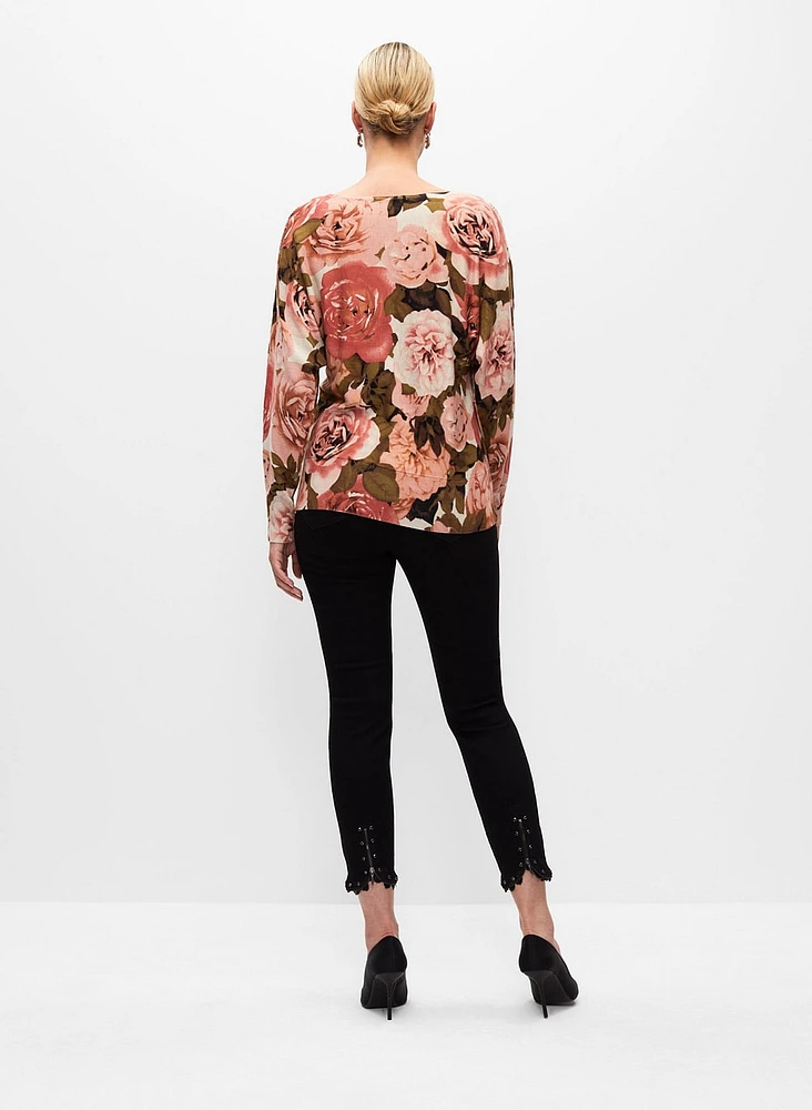 Rhinestone Detail Rose Print Sweater