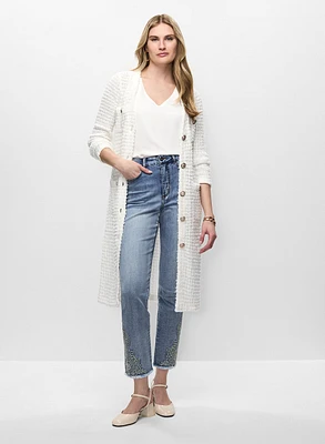 Cardigan long en tweed et jean à broderies