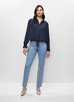 Tie Hem Satin Blouse & Rhinestone Detail Straight Leg Jeans