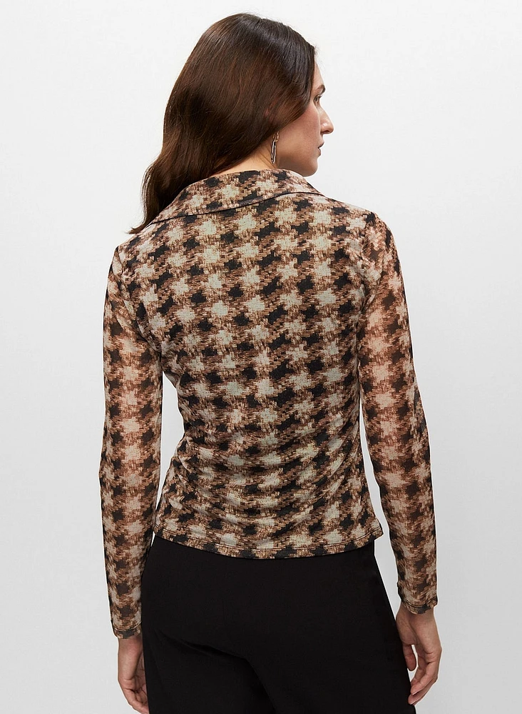 Houndstooth Print Zip Front Top