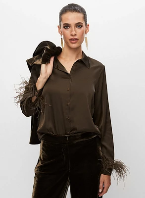 Feather Cuff Satin Blouse