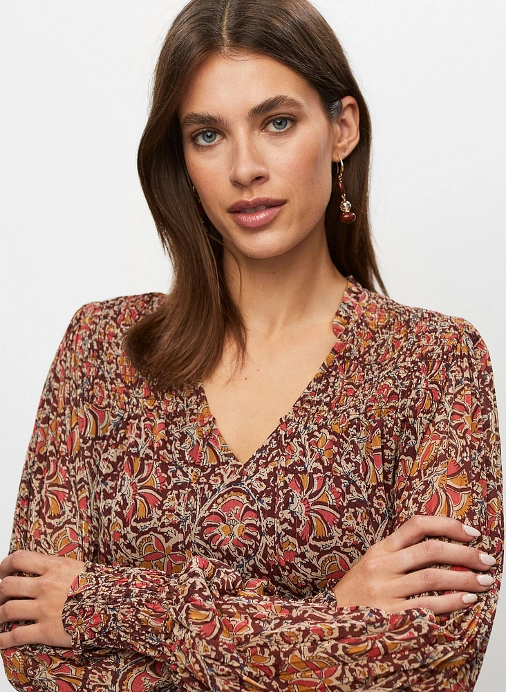 Floral Print Shirred Detail Blouse