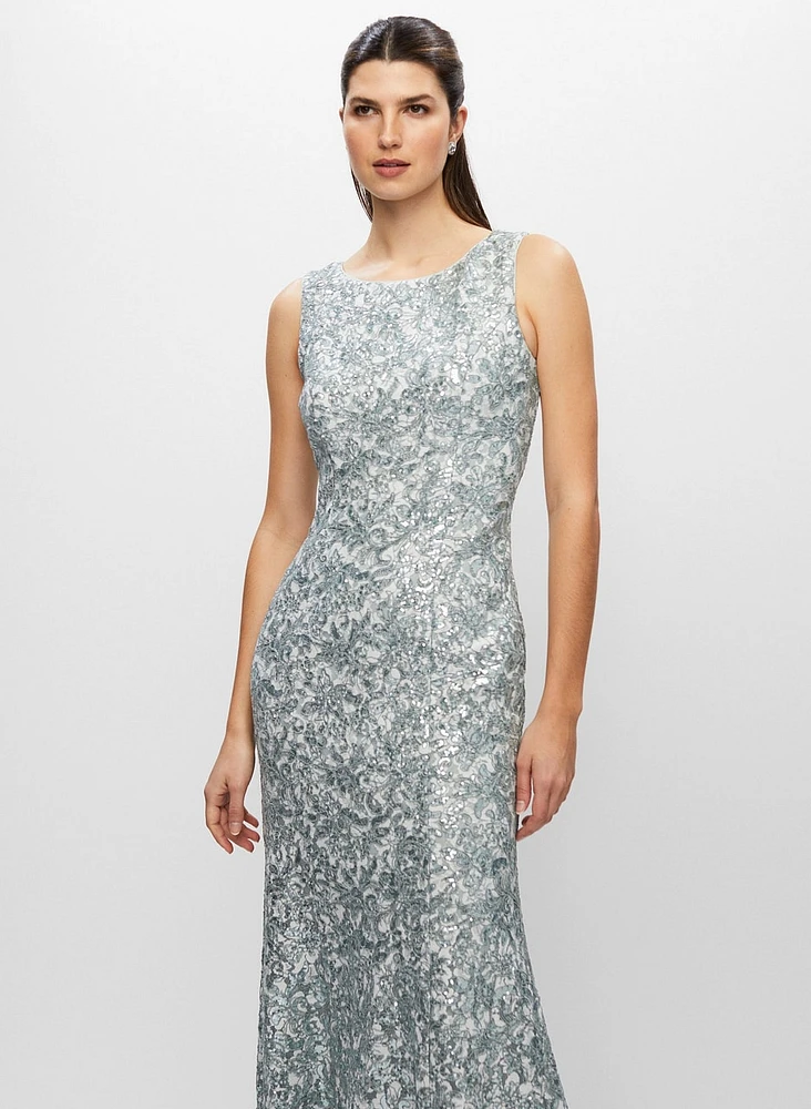 Lace & Sequin Sleeveless Evening Dress