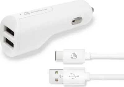 2 Port Fast Car Charger with USB-A to USB-C Cable - White 1.8m