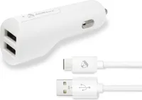 2 Port Fast Car Charger with USB-A to USB-C Cable - White 1.8m