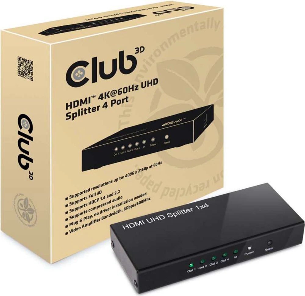 Club3D Adaptateur Répartiteur 4 Ports HDMI 4K60HZ 2.0 UHD Noir | WOW! mobile boutique