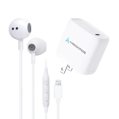 20W PROCharge PD Wall Charger + Wired Earbuds with Lightning Connector