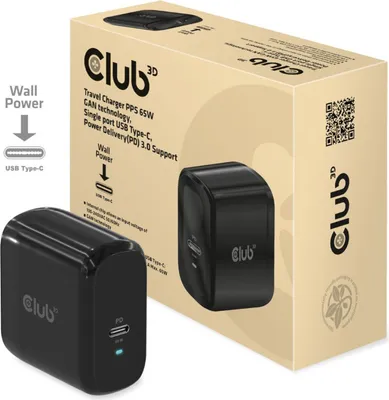 Club3D Chargeur de Voyage PPS 65W GAN single Port USB-C et Power Delivery 3.0 Noir | WOW! mobile boutique